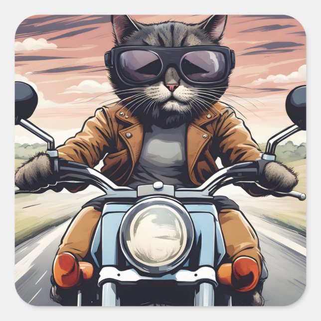 Pegatina Cuadrada Gato en moto (Anverso)