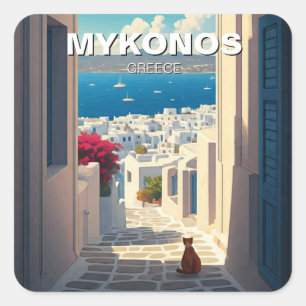 Pegatina Cuadrada Gato en Mykonos Grecia en bicicleta en viaje