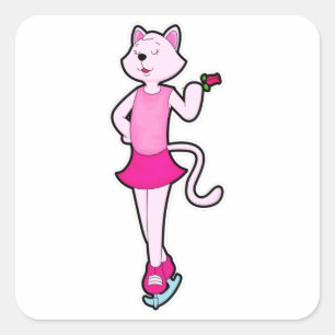 Pegatina Cuadrada Gato en patinaje sobre hielo con flor