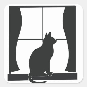 Pegatina Cuadrada Gato en silueta sentado en la ventana