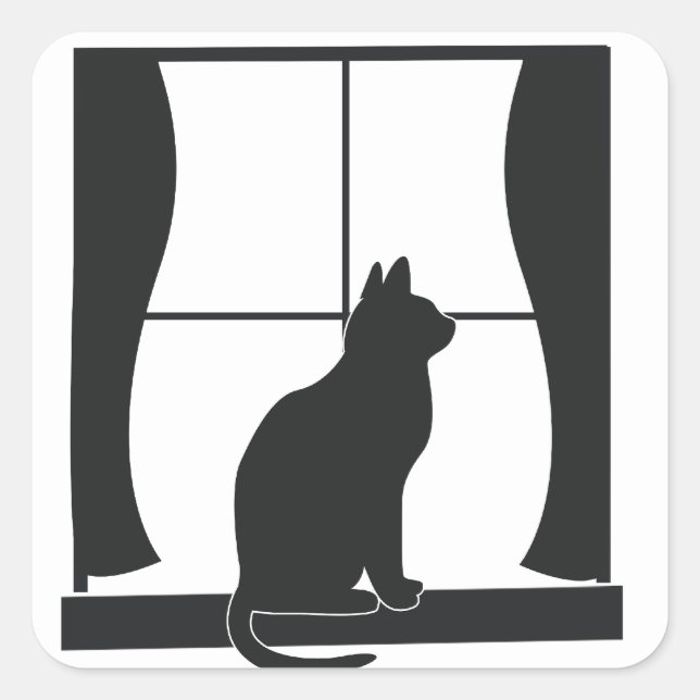 Pegatina Cuadrada Gato en silueta sentado en la ventana (Anverso)