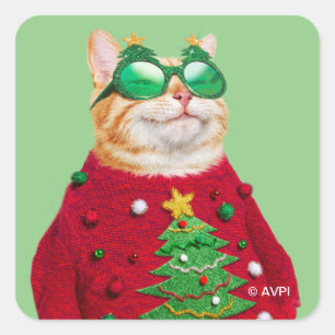 Pegatina Cuadrada Gato en suéter Navidad feo