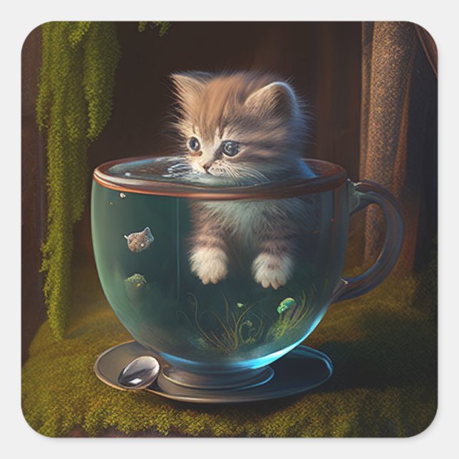 Pegatina Cuadrada Gato en una taza de té | Gatito en una taza de té  (Anverso)