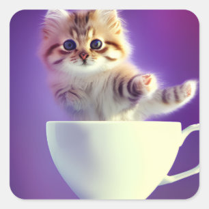 Pegatina Cuadrada Gato en una taza de té   Gatito en una taza de té 
