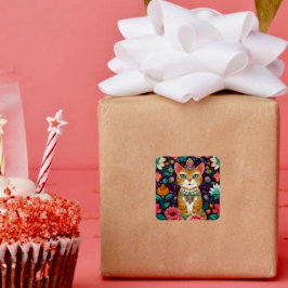 Pegatina Cuadrada Gato engalanado con joyas
