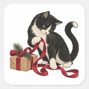 Pegatina Cuadrada Gato esmoquin con cinta de regalo roja