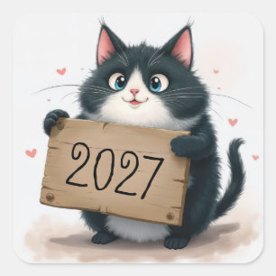 Pegatina Cuadrada Gato esmoquin con letrero de Año Nuevo 2027