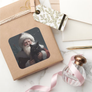 Pegatina Cuadrada Gato Esmoquin con Papá Noel Festivo Navidad