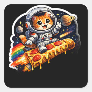 Pegatina Cuadrada Gato espacial de pizza cósmica Sticker