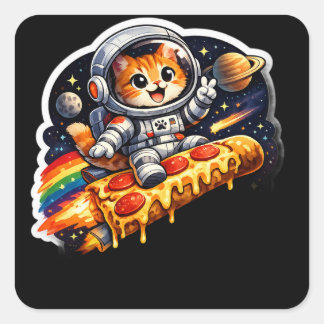 Pegatina Cuadrada Gato espacial de pizza cósmica Sticker