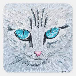 Pegatina Cuadrada Gato Esponjoso de Ojos Azules