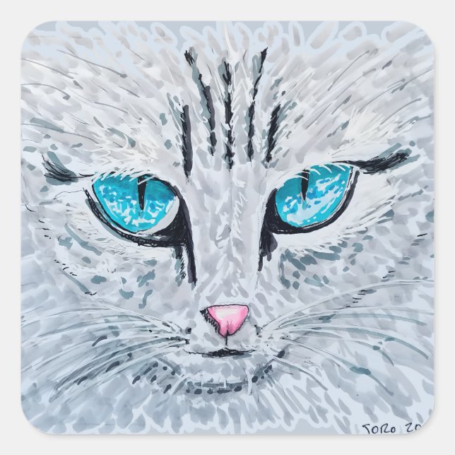 Pegatina Cuadrada Gato Esponjoso de Ojos Azules (Anverso)