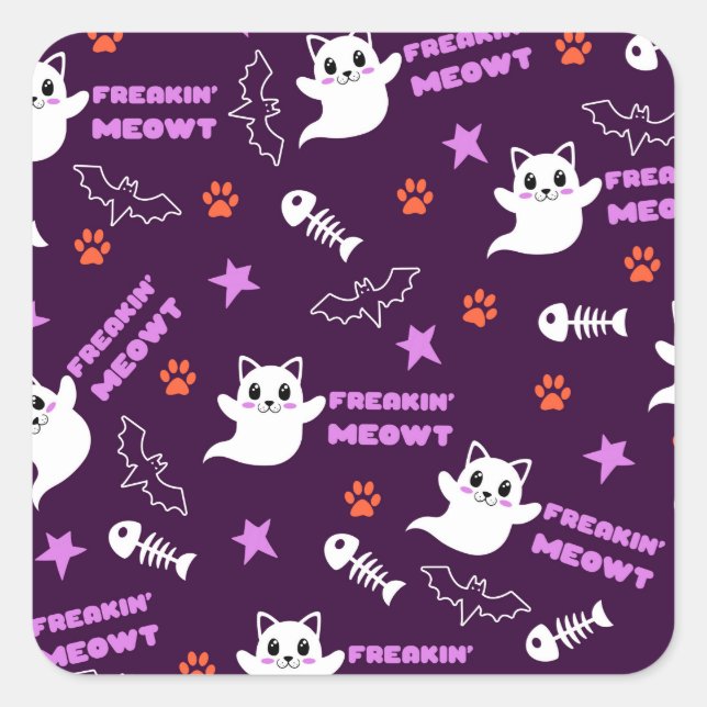 Pegatina Cuadrada Gato fantasma de Halloween (Anverso)