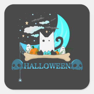 Pegatina Cuadrada Gato fantasma juguetón la noche de Halloween