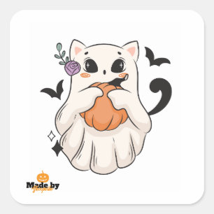 Pegatina Cuadrada Gato fantasma lindo con calabaza Mug de Hallowee