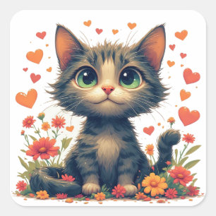 Pegatina Cuadrada Gato Feliz Con Flores Dibujo Animado Divertido 🌸
