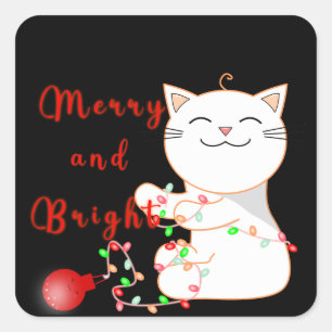 Pegatina Cuadrada Gato Feliz Jugando Con Luz LED Navidad Adorable