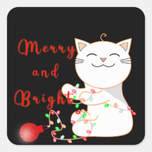 Pegatina Cuadrada Gato feliz jugando con luz LED   Navidades de cort