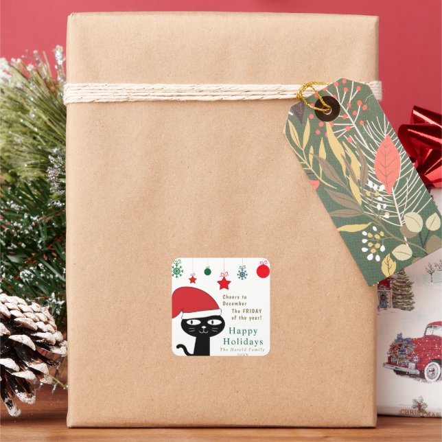 Pegatina Cuadrada Gato festivo lindo con un Sombrero Rojo moderno (Vacaciones)