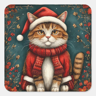 Pegatina Cuadrada Gato festivo que lleva sombrero y bufanda de Santa