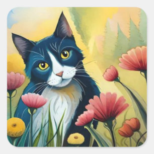Pegatina Cuadrada gato FLoral