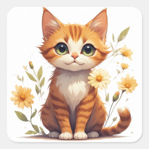 Pegatina Cuadrada Gato Floral Adorable Con Sonrisa Feliz 💕