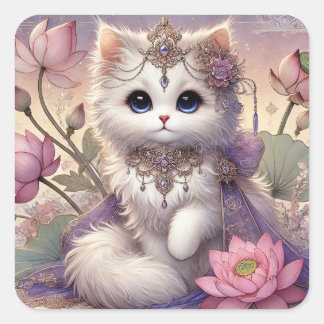 Pegatina Cuadrada Gato Fluffy Lotus Princess