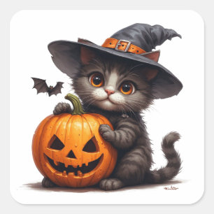 Pegatina Cuadrada Gato gatito adorable con sombrero de bruja y calab