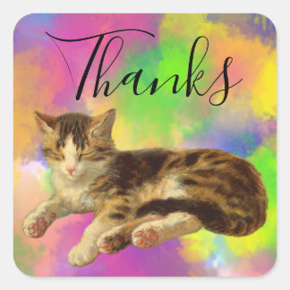 Pegatina Cuadrada Gato Gatito Adorable Lindo Gracias Arcoíris Abstra