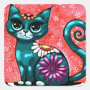 Pegatina Cuadrada Gato gatito gigante sentado en una alfombra floral