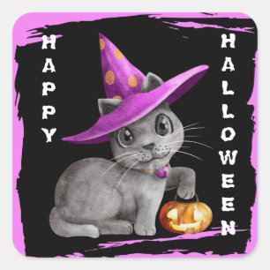 Pegatina Cuadrada Gato Gatito Lindo de Halloween para Niños