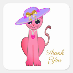 Pegatina Cuadrada Gato Gatito Rosa Elegante Gracias