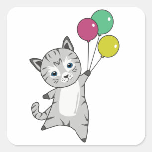 Pegatina Cuadrada Gato Gato Gatito Globos Animales Dulces Tricolor