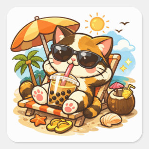 Pegatina Cuadrada Gato genial relajándose en silla de playa   Vibra 