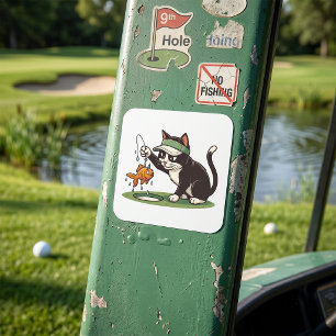 Pegatina Cuadrada Gato Golfista Divertido Pescando Peligro de Agua