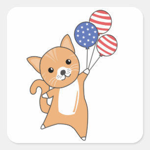 Pegatina Cuadrada Gato Gracioso De Gatos 4 De Julio Bandera Estadoun