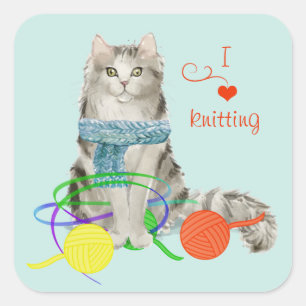 Pegatina Cuadrada Gato gracioso enredado en Yarn
