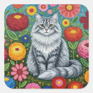 Pegatina Cuadrada Gato Gris Atigrado Esponjoso con Flores de Arte Po