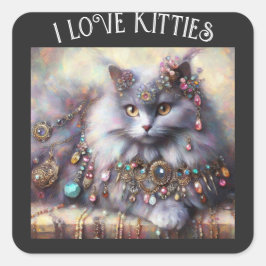 Pegatina Cuadrada Gato Gris De Pelo Largo Con Gemas De Joyería