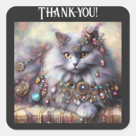 Pegatina Cuadrada Gato Gris De Pelo Largo Con Gemas De Joyería
