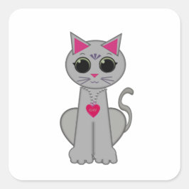 Pegatina Cuadrada Gato Gris Divertido Feliz Lindo