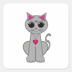 Pegatina Cuadrada Gato Gris Divertido Feliz Lindo