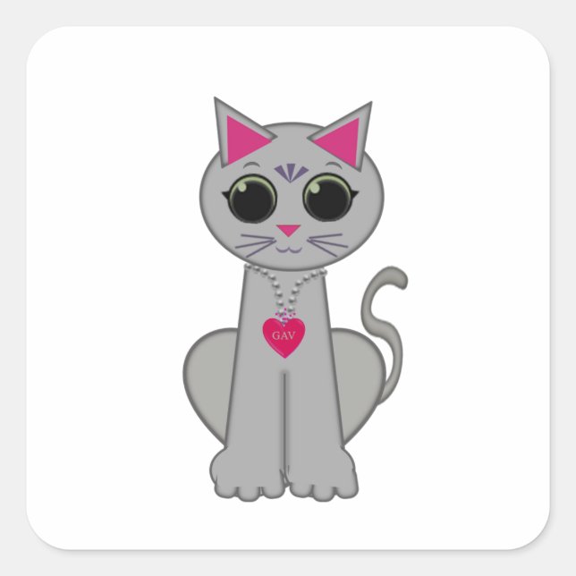 Pegatina Cuadrada Gato Gris Divertido Feliz Lindo (Anverso)