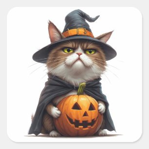 Pegatina Cuadrada Gato Gruñón con Traje de Bruja de Calabaza 🎃