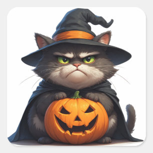 Pegatina Cuadrada Gato gruñón de Halloween sosteniendo linterna de c