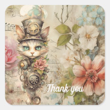 Gato Gruñón Steampunk Collage Rosas de Papel Vinta