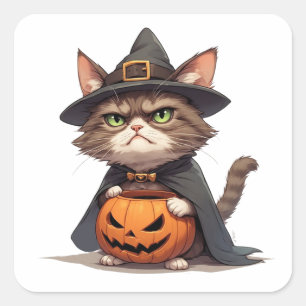 Pegatina Cuadrada Gato Gruñón Y Amigo Jack O Lantern Halloween 🎃