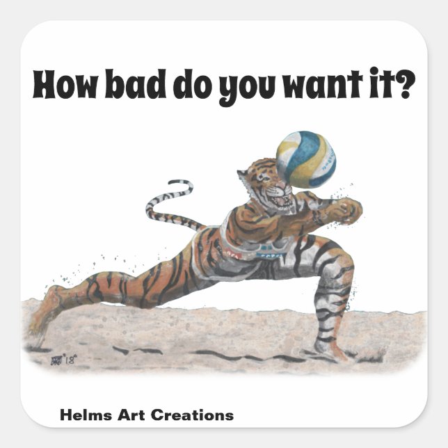 Pegatina Cuadrada Gato guerrero jugando al voleibol Fantasy Art Pega (Anverso)