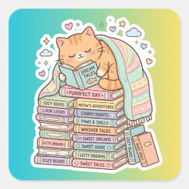 Pegatina Cuadrada Gato Gusano de Libro Acogedor Gato Leyendo
