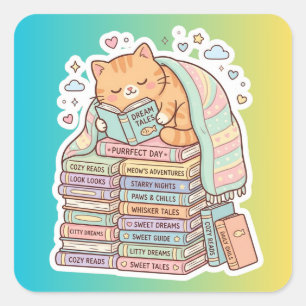 Pegatina Cuadrada Gato Gusano de Libro Acogedor Gato Leyendo